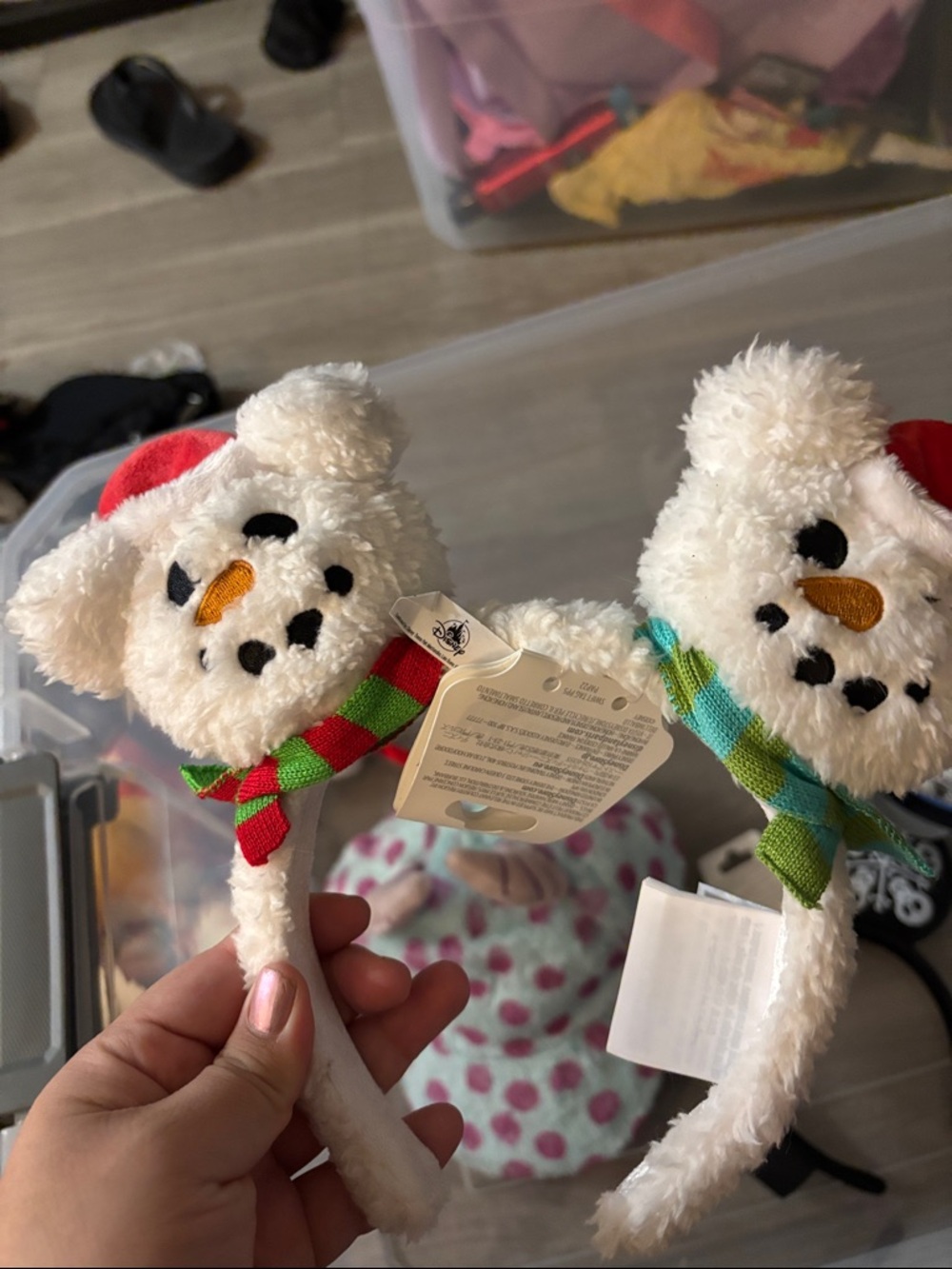 Disney White Snowman Plush Headband with Red and Green Accents